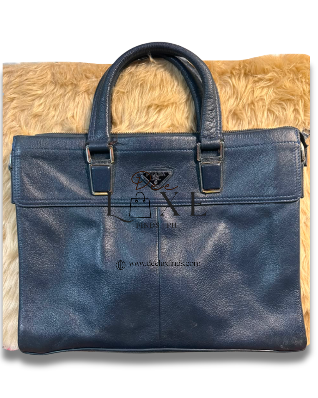 Prada Navy Briefcase - front triangle logo view