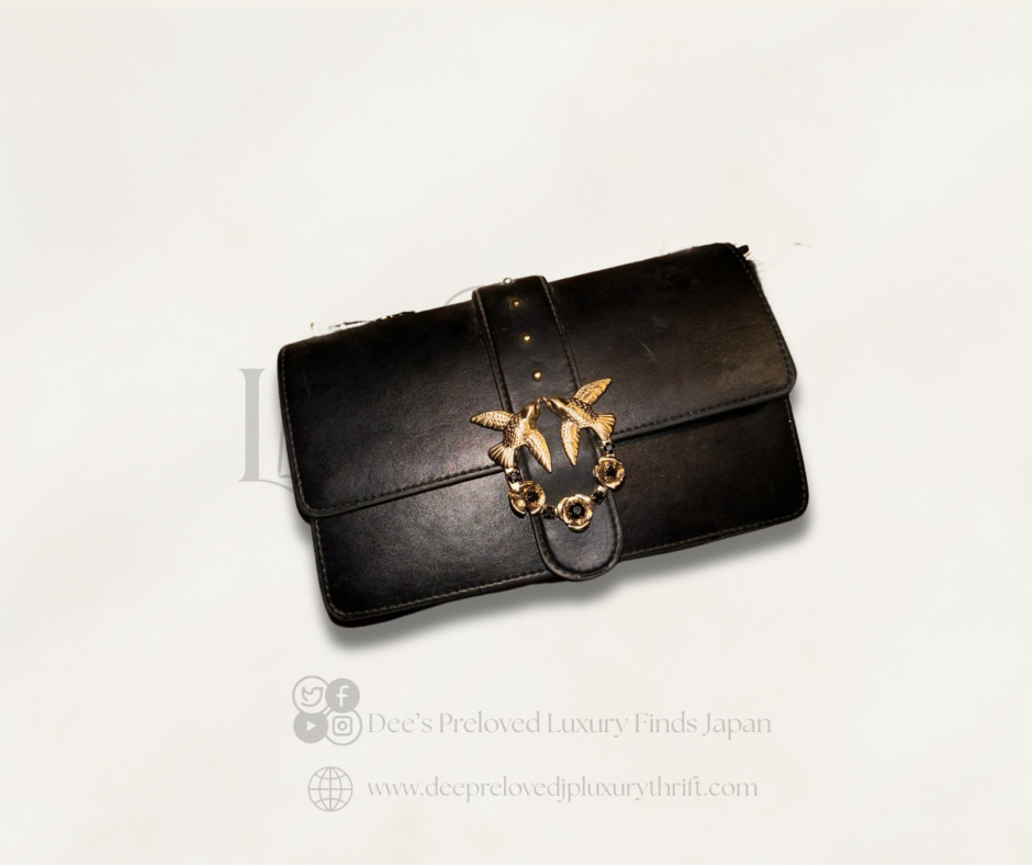 Pinko Mini Love Bag — Black Leather with Gold Swallow Clasp