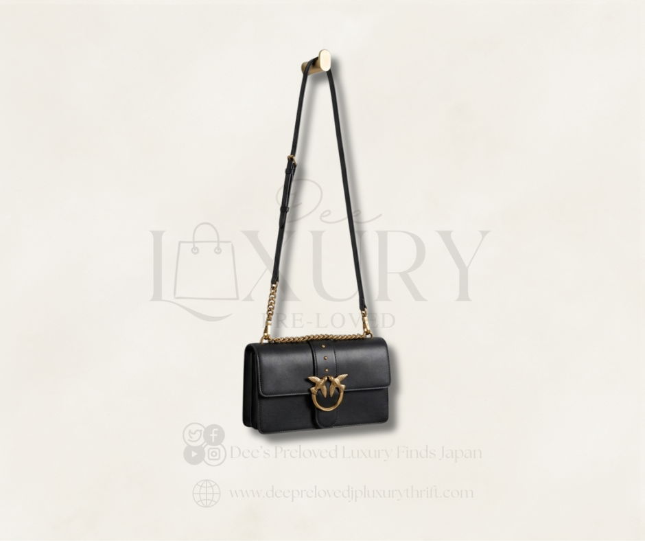 Pinko Mini Love Bag — Black Leather with Gold Swallow Clasp