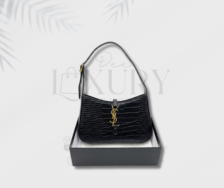 YSL Hobo Bag Black Crocodile-Embossed Gold Tone