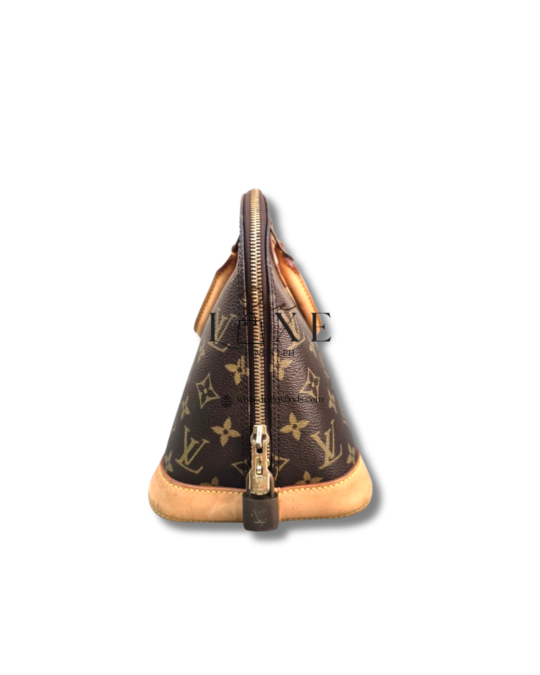 LV Alma PM Monogram - right side zipper and base view