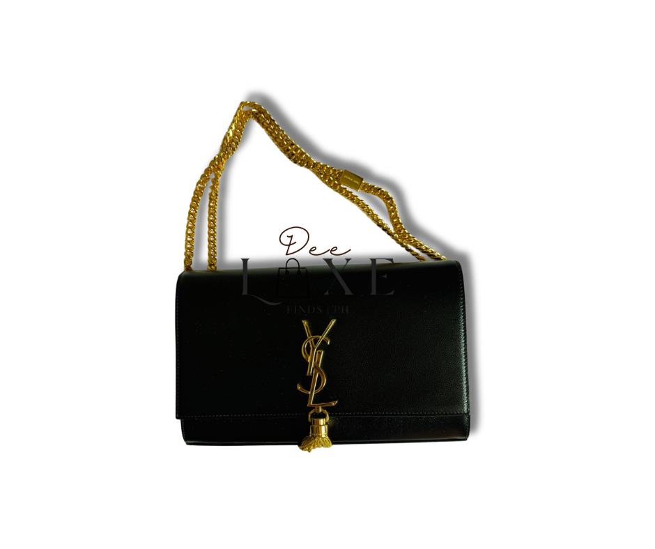 Saint Laurent Paris embossed stamp and gold chain detail