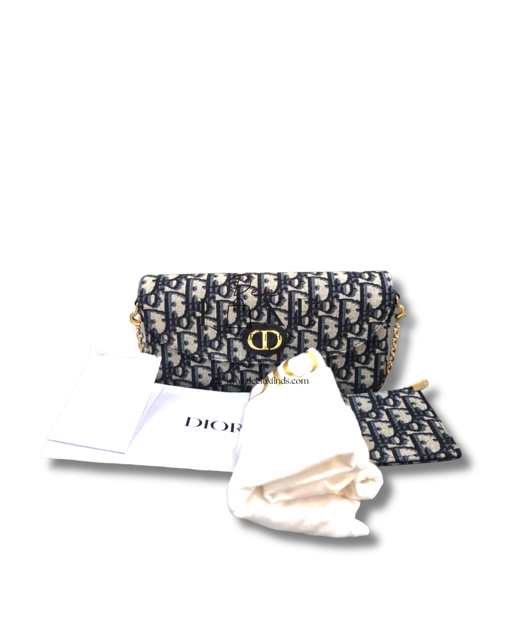 Dior 30 Montaigne - complete set flat lay with dustbag, auth card and card holder