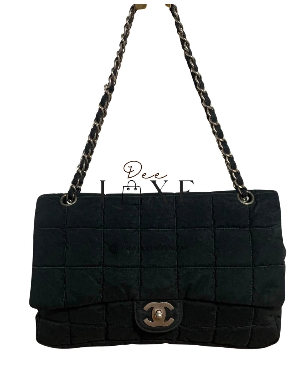 Chanel Chocolate Bar Nylon Flap - front CC turn-lock clasp view