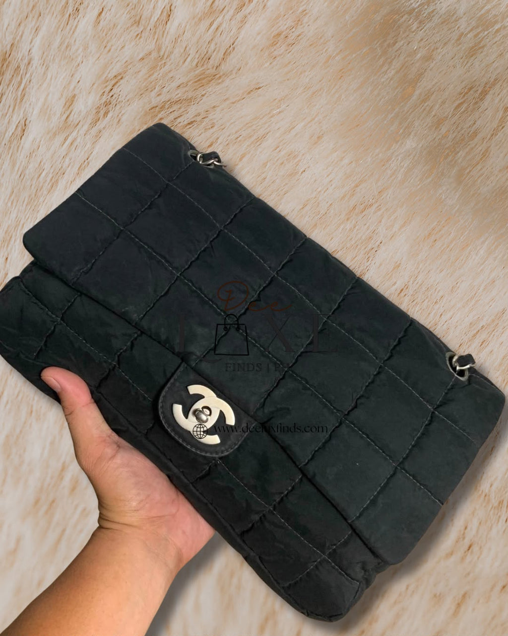 Chanel Chocolate Bar Nylon Flap - back view with chain strap
