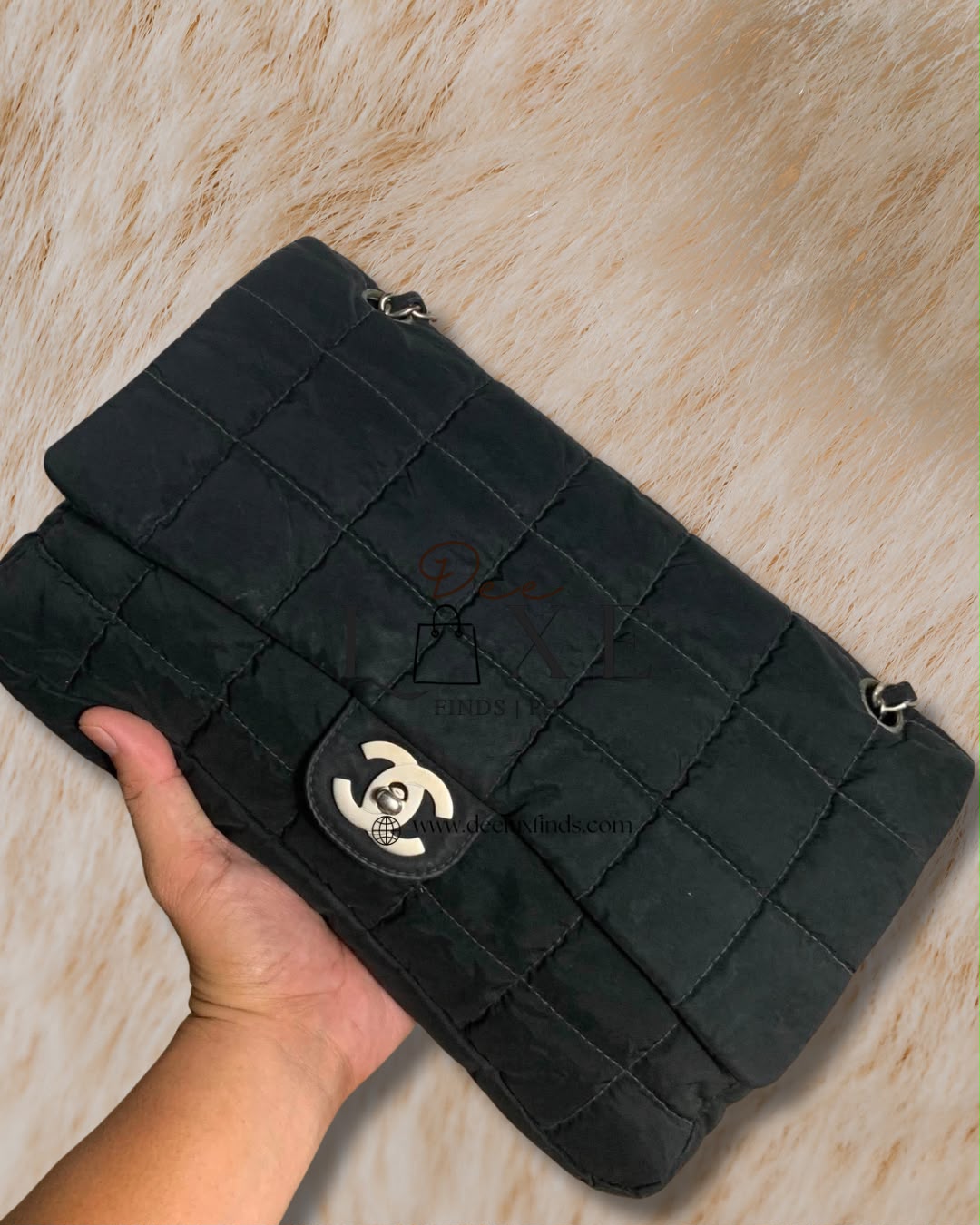 Chanel Chocolate Bar Nylon Flap - back view with chain strap